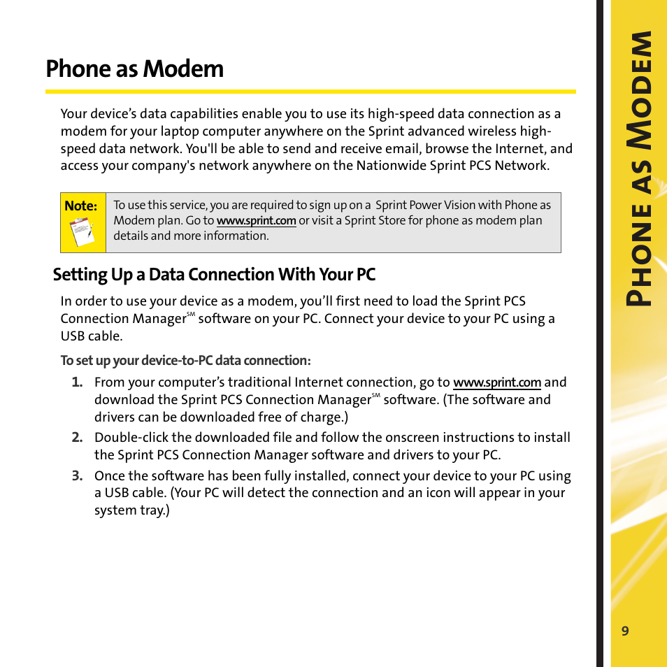 Phon e as modem, Phone as modem, Setting up a data connection with your pc | Sprint Nextel Play Multiplayer Games User Manual | Page 11 / 14