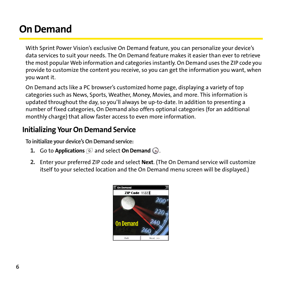 On demand, Initializing your on demand service | Sprint Nextel Play Multiplayer Games User Manual | Page 8 / 14