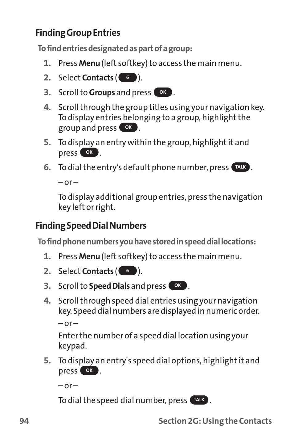 Finding group entries, Finding speed dial numbers | Sprint Nextel PM-225 User Manual | Page 102 / 216