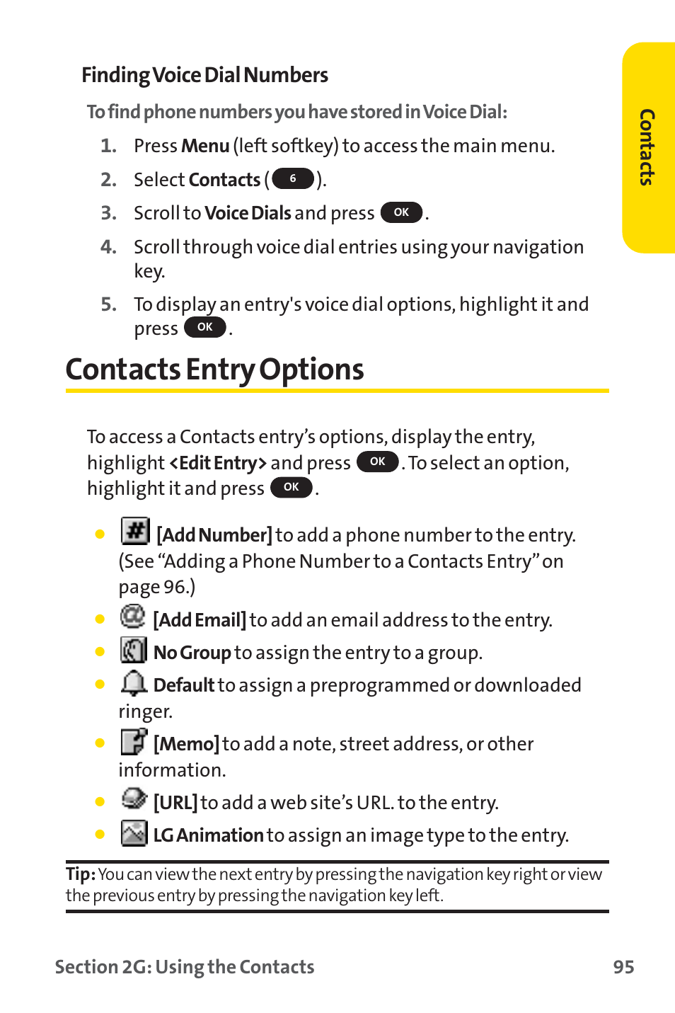 Contacts entry options, Finding voice dial numbers, Co n tac ts | Sprint Nextel PM-225 User Manual | Page 103 / 216