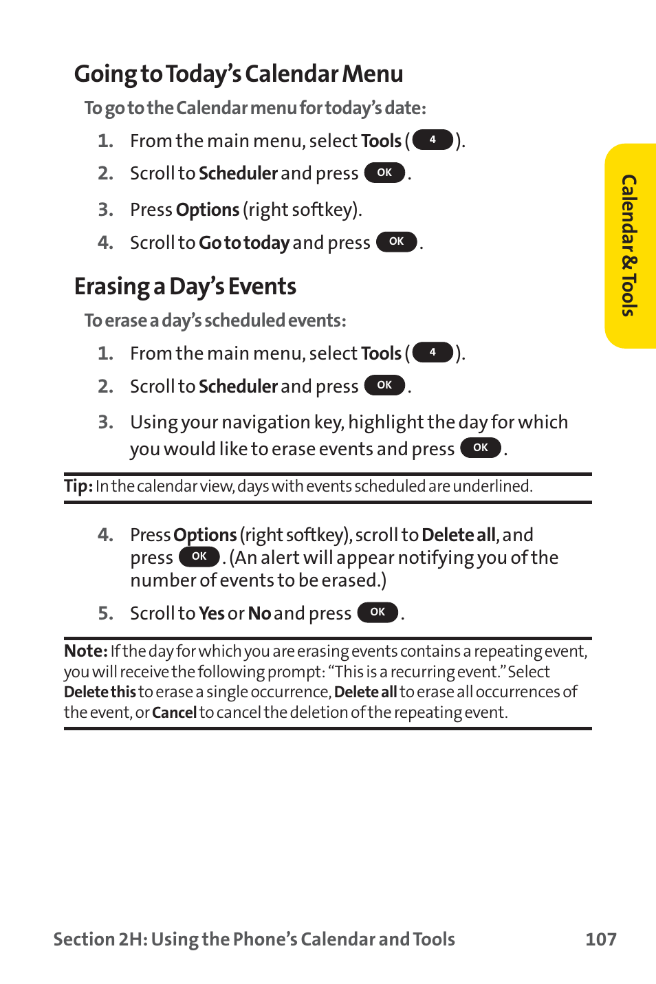 Going to today’s calendar menu, Erasing a day’s events | Sprint Nextel PM-225 User Manual | Page 115 / 216