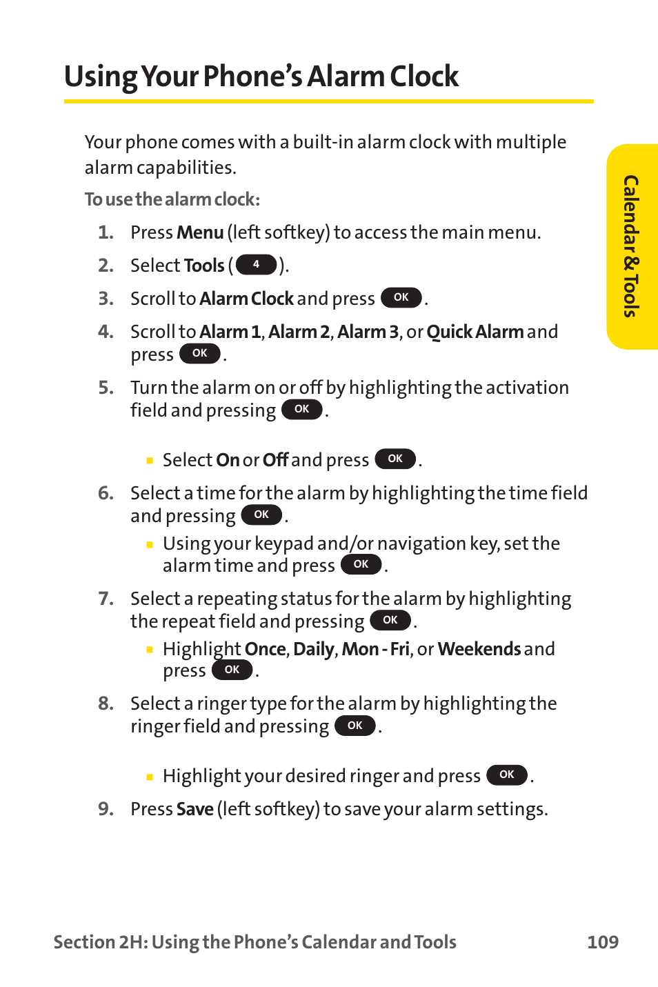 Using your phone’s alarm clock, Calendar & tools | Sprint Nextel PM-225 User Manual | Page 117 / 216