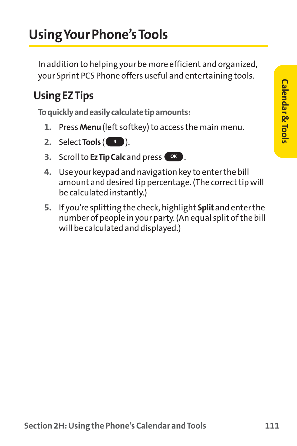 Using your phone’s tools, Using ez tips | Sprint Nextel PM-225 User Manual | Page 119 / 216