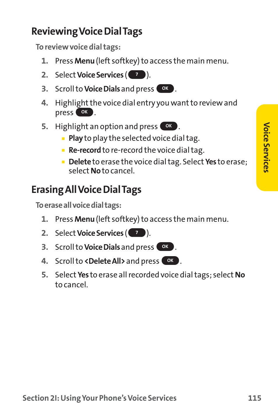 Reviewing voice dial tags, Erasing all voice dial tags | Sprint Nextel PM-225 User Manual | Page 123 / 216