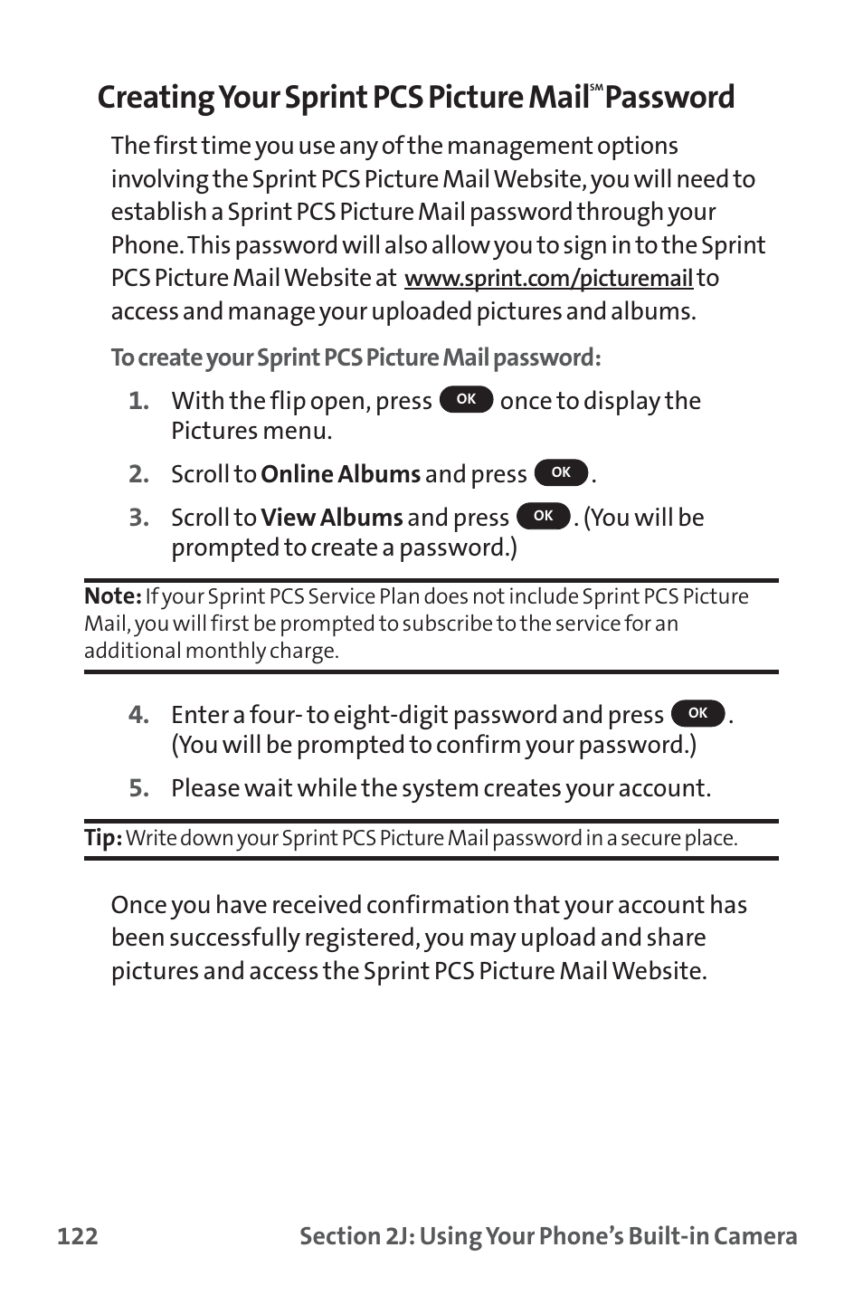 Creating your sprint pcs picture mail, Password | Sprint Nextel PM-225 User Manual | Page 130 / 216