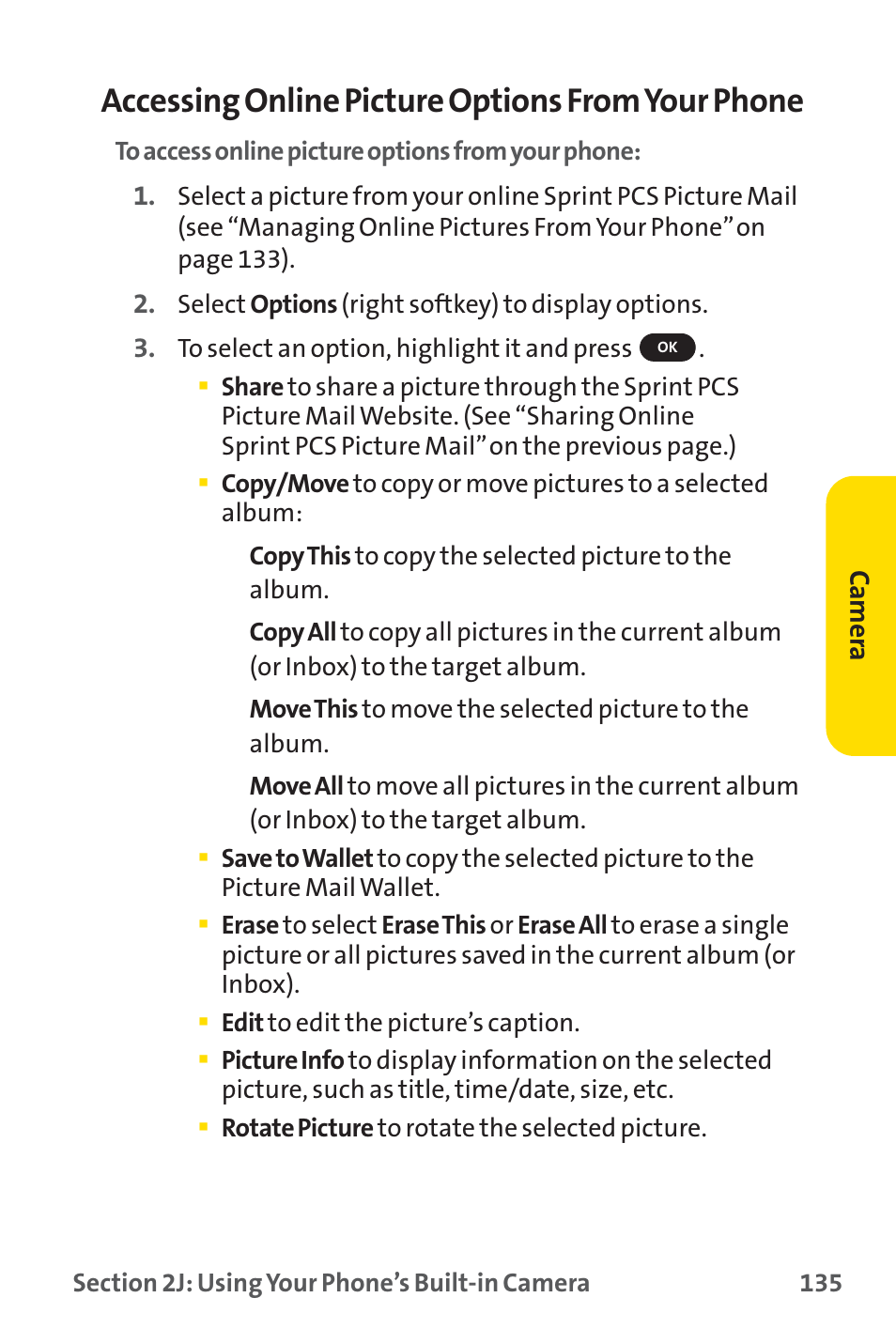 Accessing online picture options from your phone, Camer a | Sprint Nextel PM-225 User Manual | Page 143 / 216