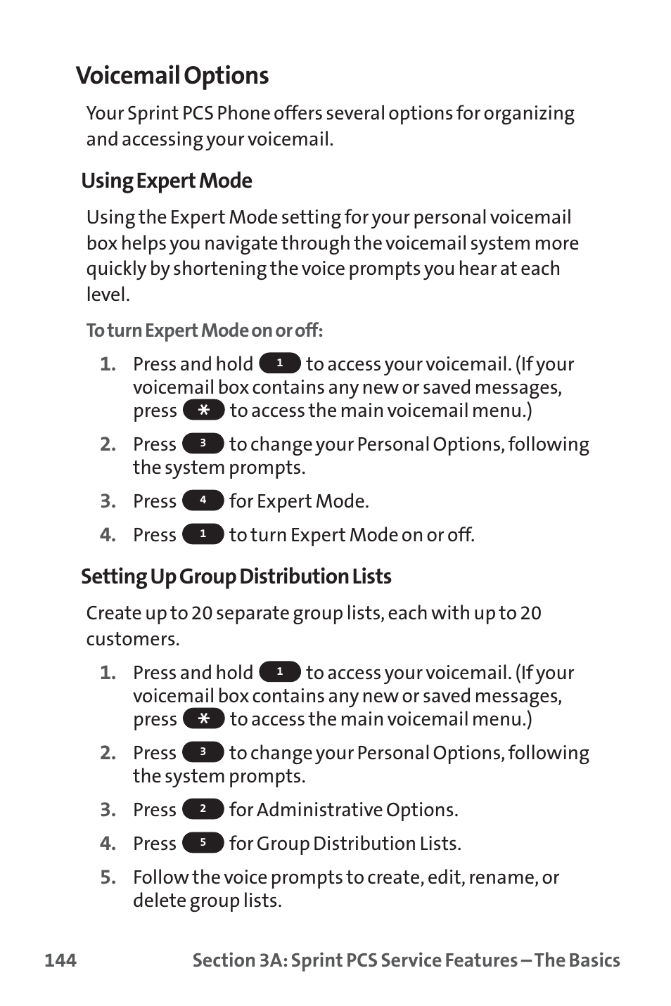 Voicemail options, Using expert mode, Setting up group distribution lists | Sprint Nextel PM-225 User Manual | Page 152 / 216