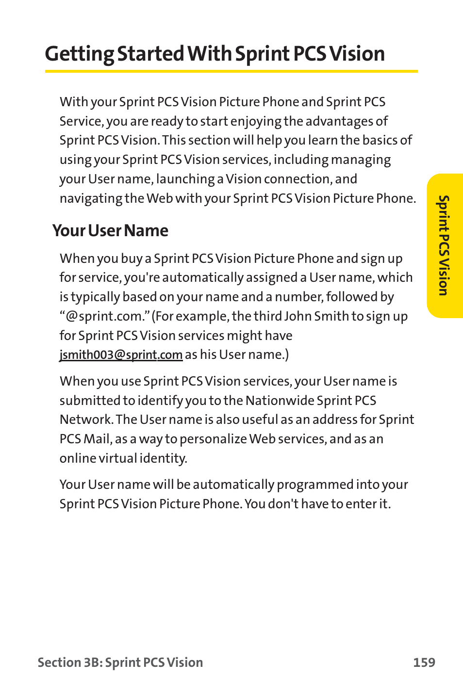 Getting started with sprint pcs vision, Your user name | Sprint Nextel PM-225 User Manual | Page 167 / 216