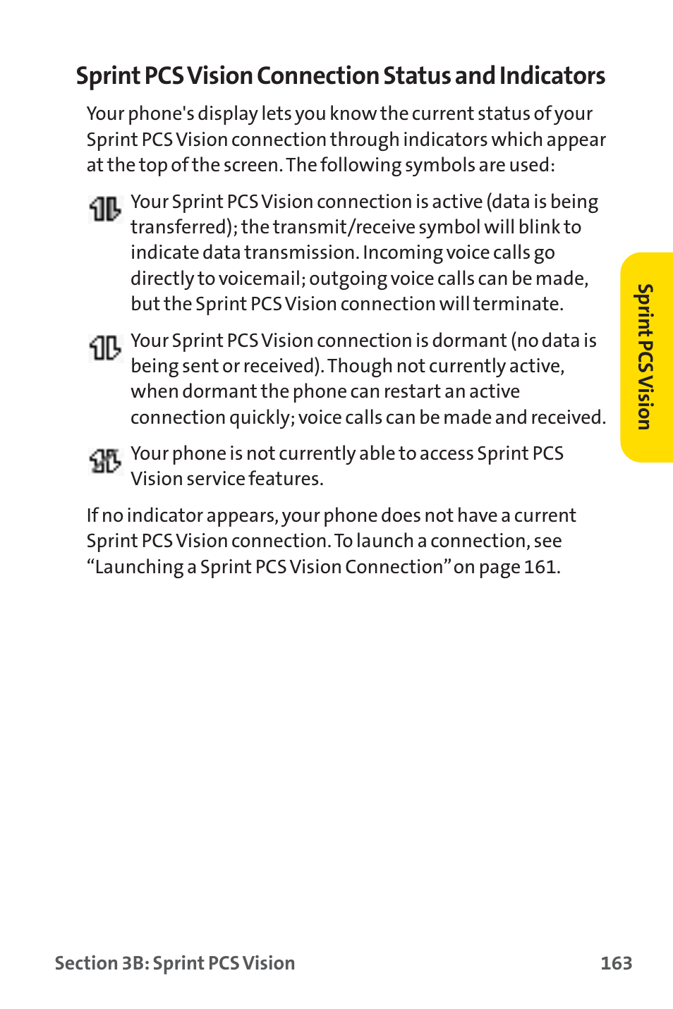 Sprint pcs vision connection status and indicators | Sprint Nextel PM-225 User Manual | Page 171 / 216