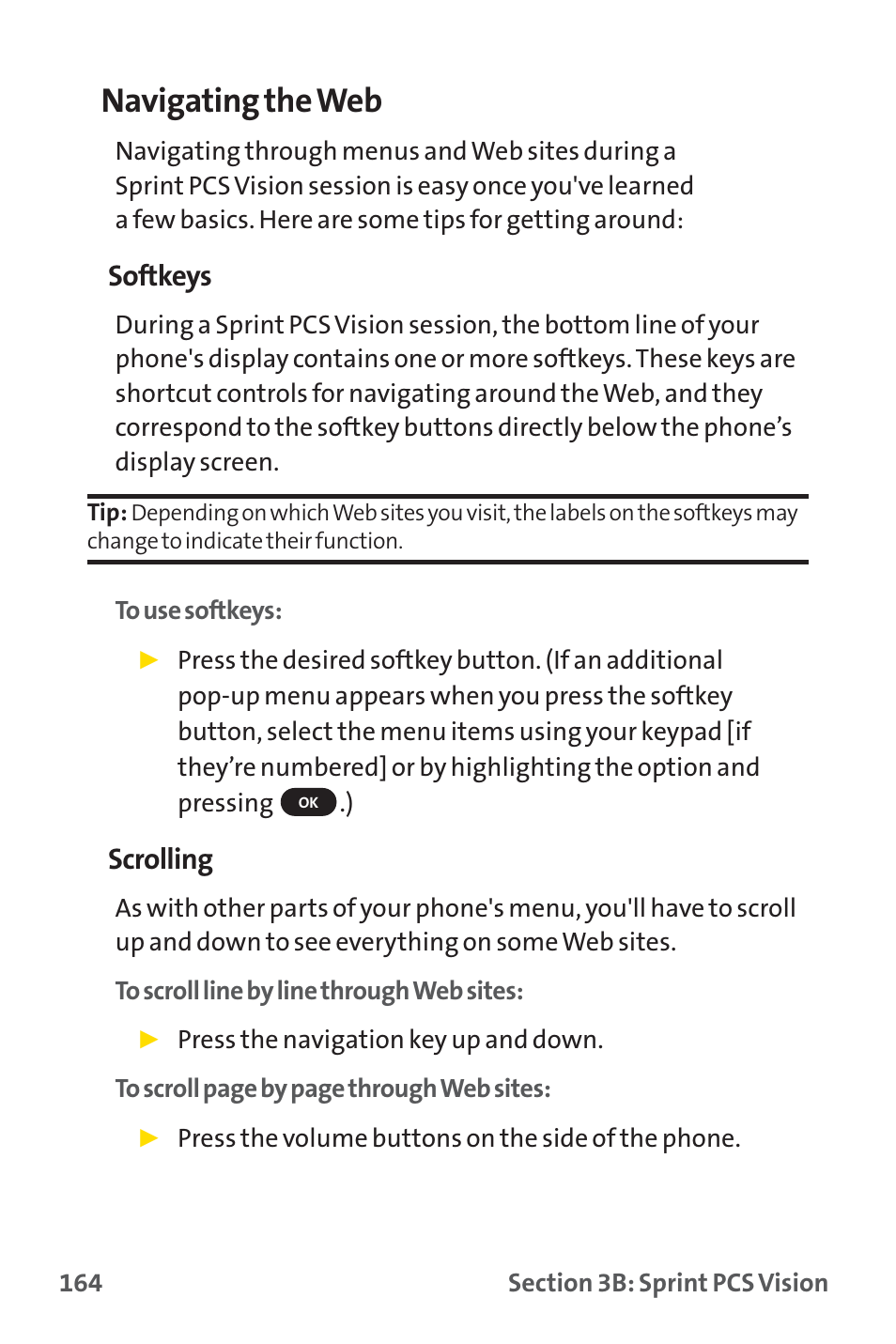 Navigating the web, Softkeys, Scrolling | Sprint Nextel PM-225 User Manual | Page 172 / 216