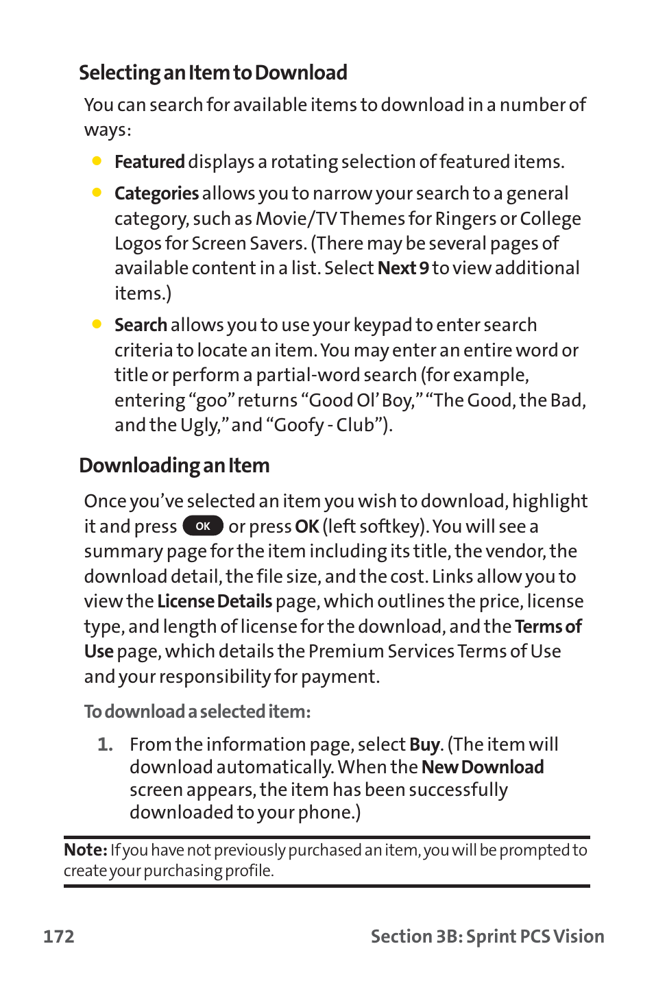 Selecting an item to download, Downloading an item | Sprint Nextel PM-225 User Manual | Page 180 / 216