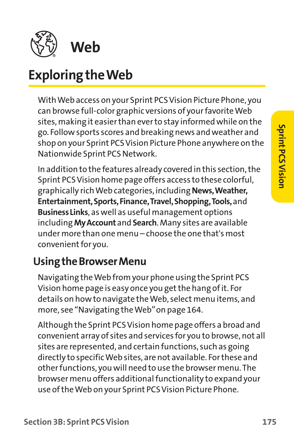 Exploring the web, Using the browser menu | Sprint Nextel PM-225 User Manual | Page 183 / 216