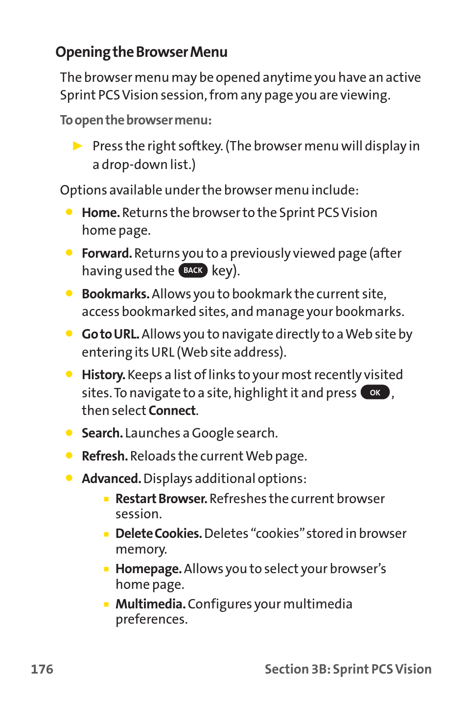Opening the browser menu, Key), Search. launches a google search | Refresh. reloads the current web page, Advanced. displays additional options, Multimedia. configures your multimedia preferences | Sprint Nextel PM-225 User Manual | Page 184 / 216