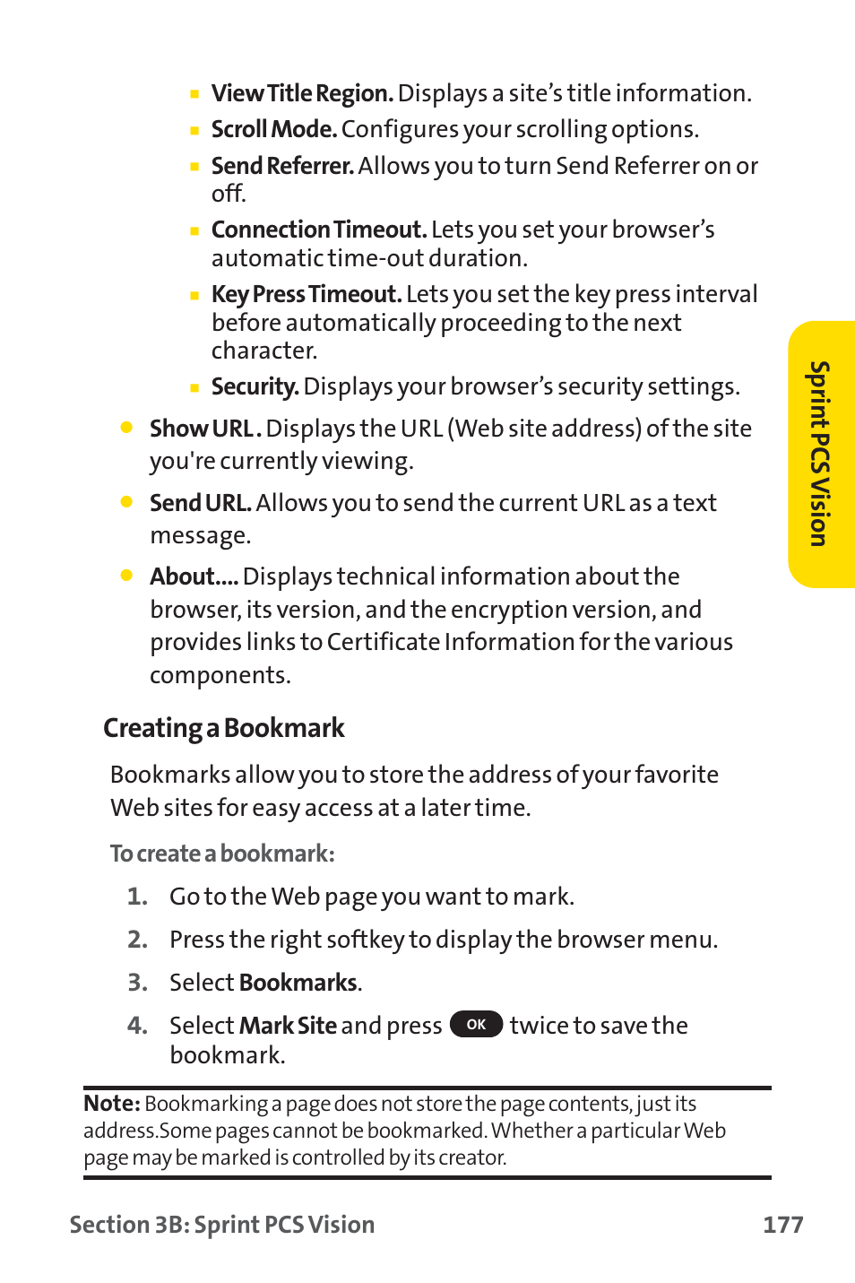 Creating a bookmark, Sprin t pcs v ision | Sprint Nextel PM-225 User Manual | Page 185 / 216