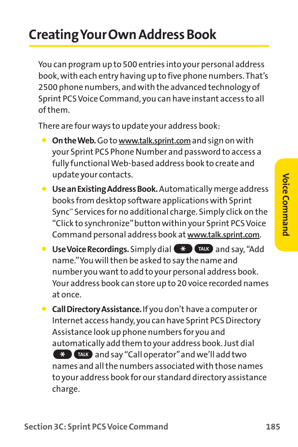 Creating your own address book, Vo ice c ommand | Sprint Nextel PM-225 User Manual | Page 193 / 216