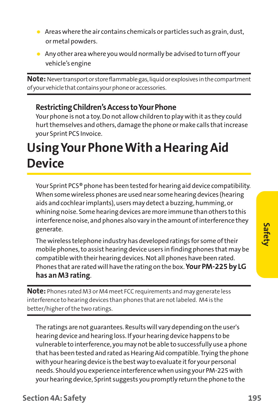 Using your phone with a hearing aid device, Saf ety | Sprint Nextel PM-225 User Manual | Page 203 / 216