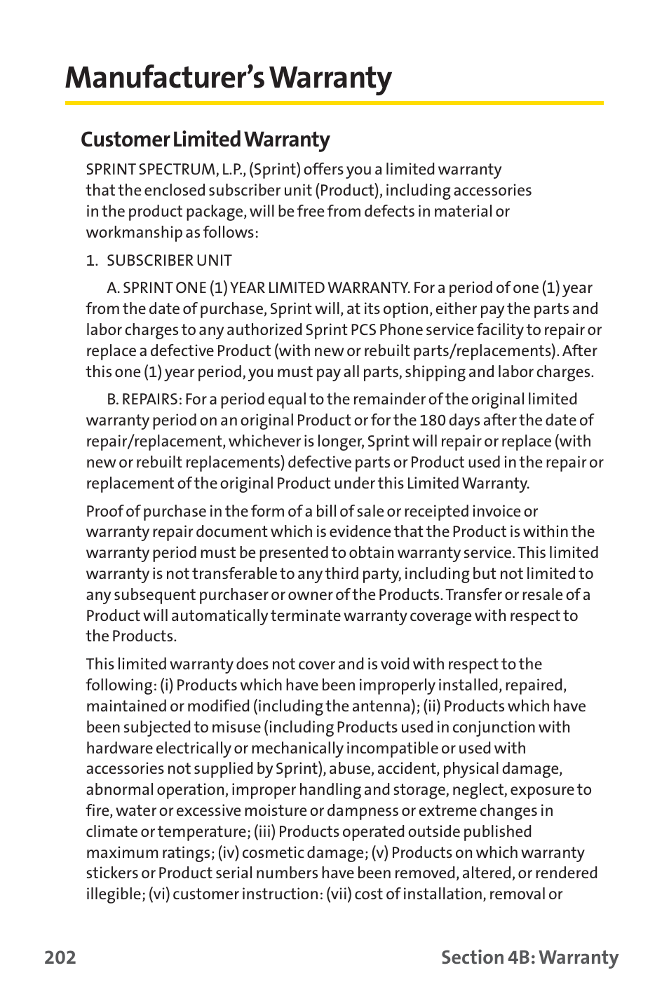 Manufacturer’s warranty, Customer limited warranty | Sprint Nextel PM-225 User Manual | Page 210 / 216