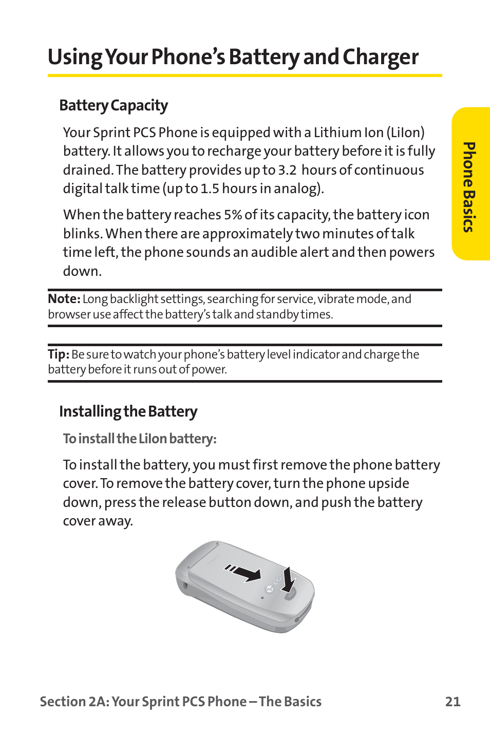 Using your phone’s battery and charger, Phone basics | Sprint Nextel PM-225 User Manual | Page 29 / 216