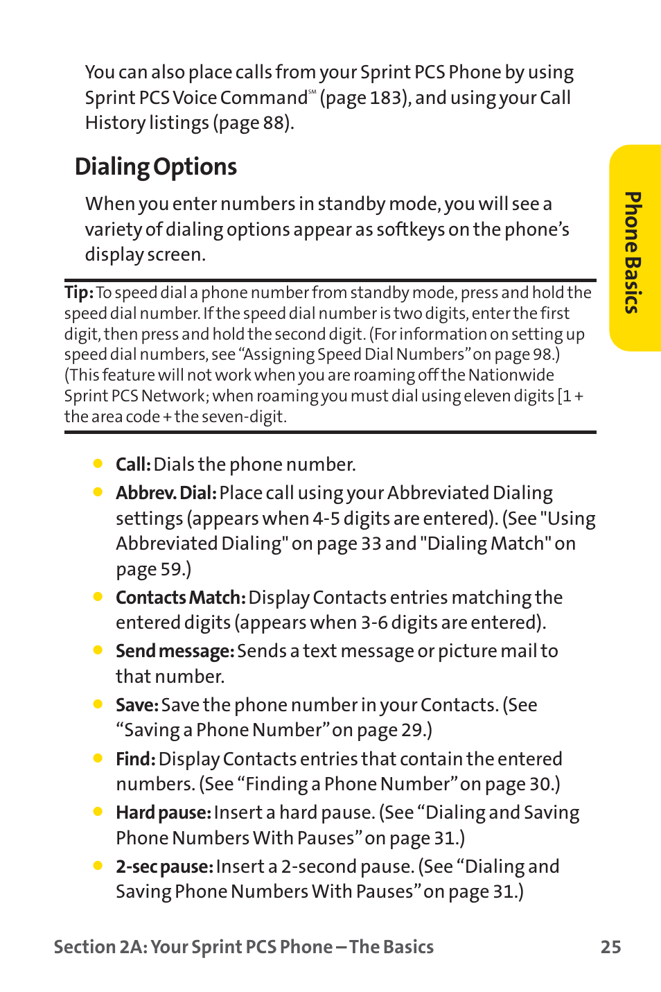Dialing options, Phone basics | Sprint Nextel PM-225 User Manual | Page 33 / 216
