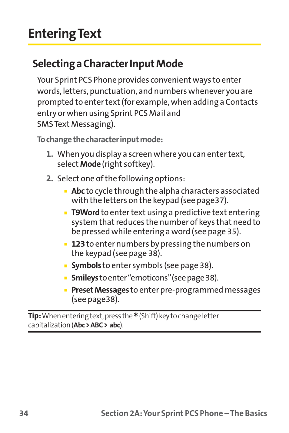 Entering text, Selecting a character input mode | Sprint Nextel PM-225 User Manual | Page 42 / 216