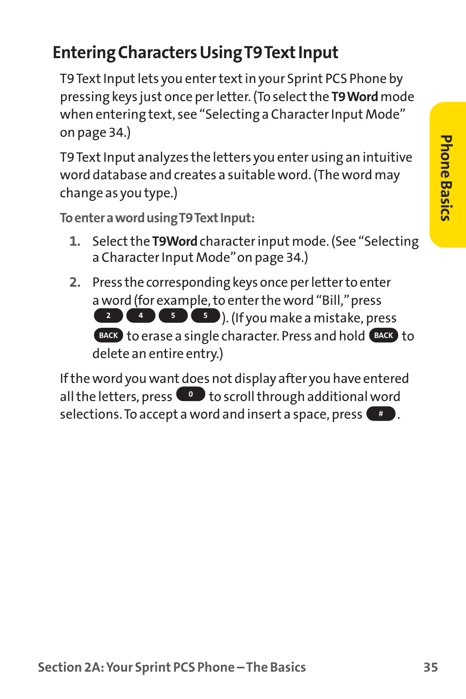 Entering characters using t9 text input, Phone basics | Sprint Nextel PM-225 User Manual | Page 43 / 216