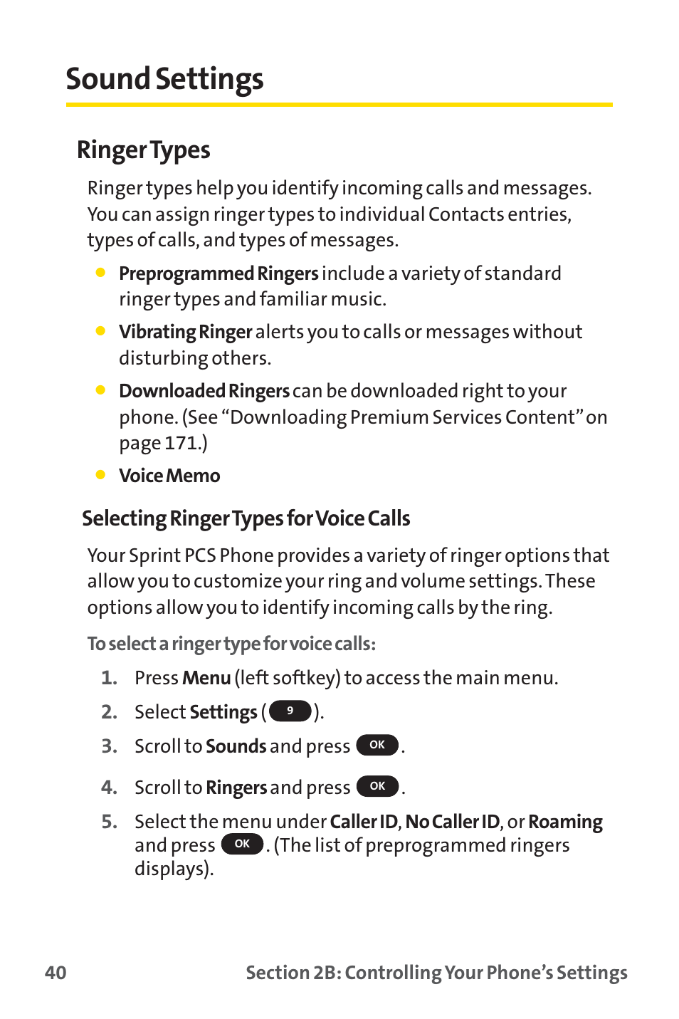 Sound settings, Ringer types, Selecting ringer types for voice calls | Sprint Nextel PM-225 User Manual | Page 48 / 216