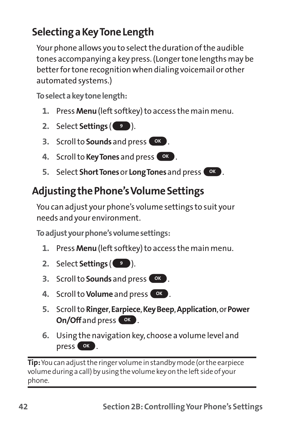 Selecting a key tone length, Adjusting the phone’s volume settings | Sprint Nextel PM-225 User Manual | Page 50 / 216