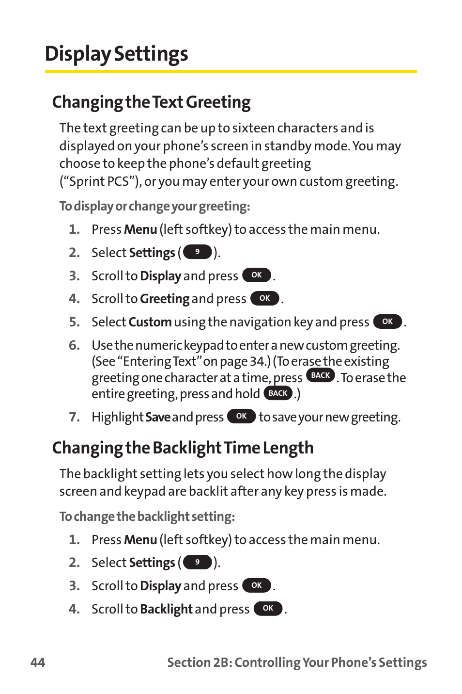 Display settings, Changing the text greeting, Changing the backlighttime length | Sprint Nextel PM-225 User Manual | Page 52 / 216