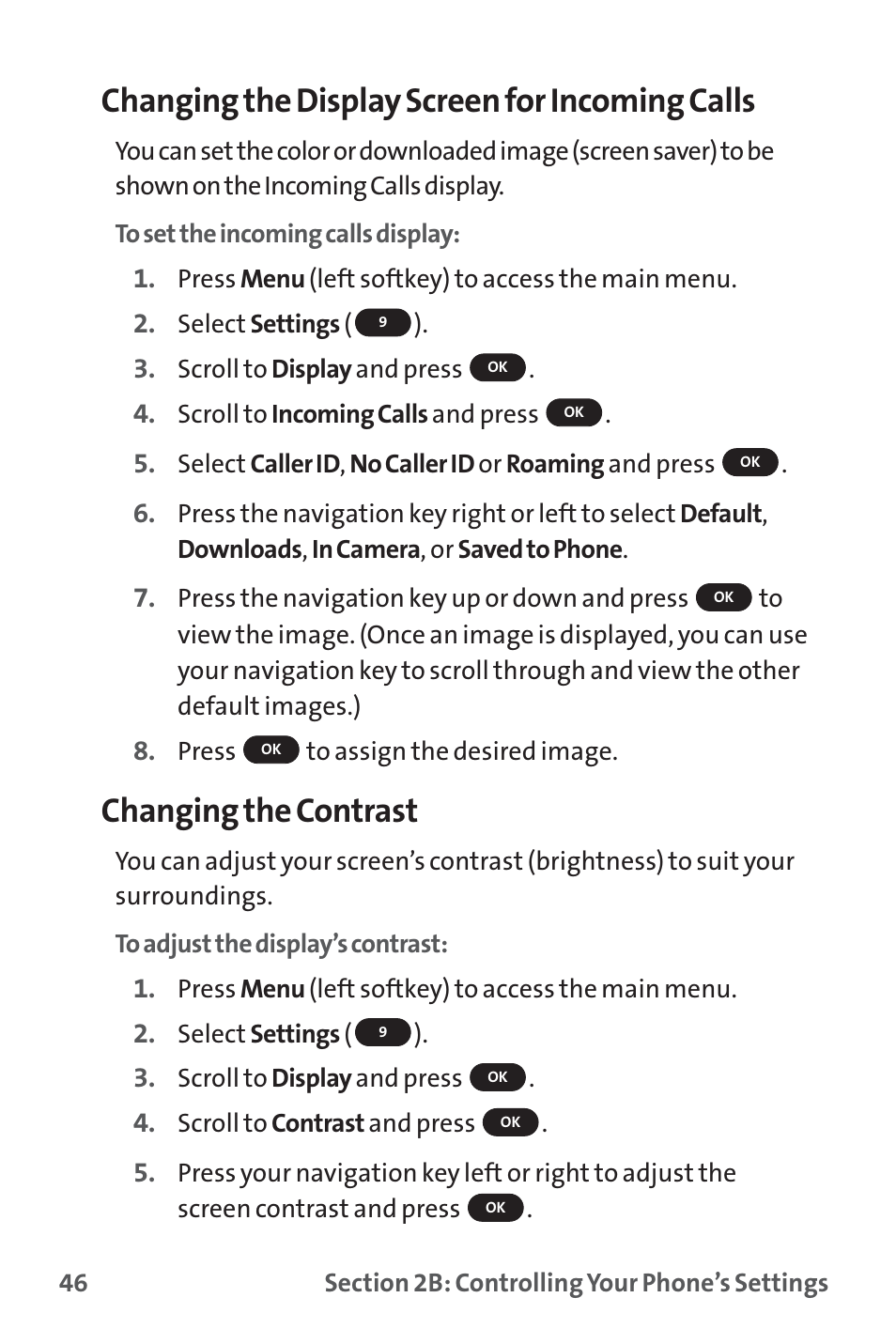 Changing the display screen for incoming calls, Changing the contrast | Sprint Nextel PM-225 User Manual | Page 54 / 216