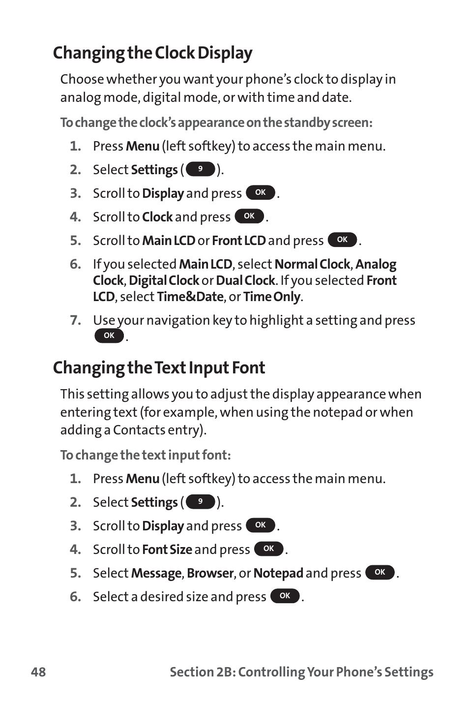 Changing the clock display, Changing the text input font | Sprint Nextel PM-225 User Manual | Page 56 / 216