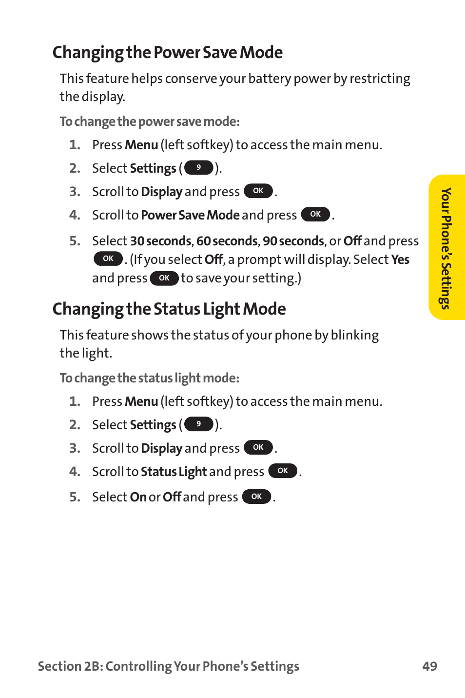Changing the power save mode, Changing the status light mode | Sprint Nextel PM-225 User Manual | Page 57 / 216