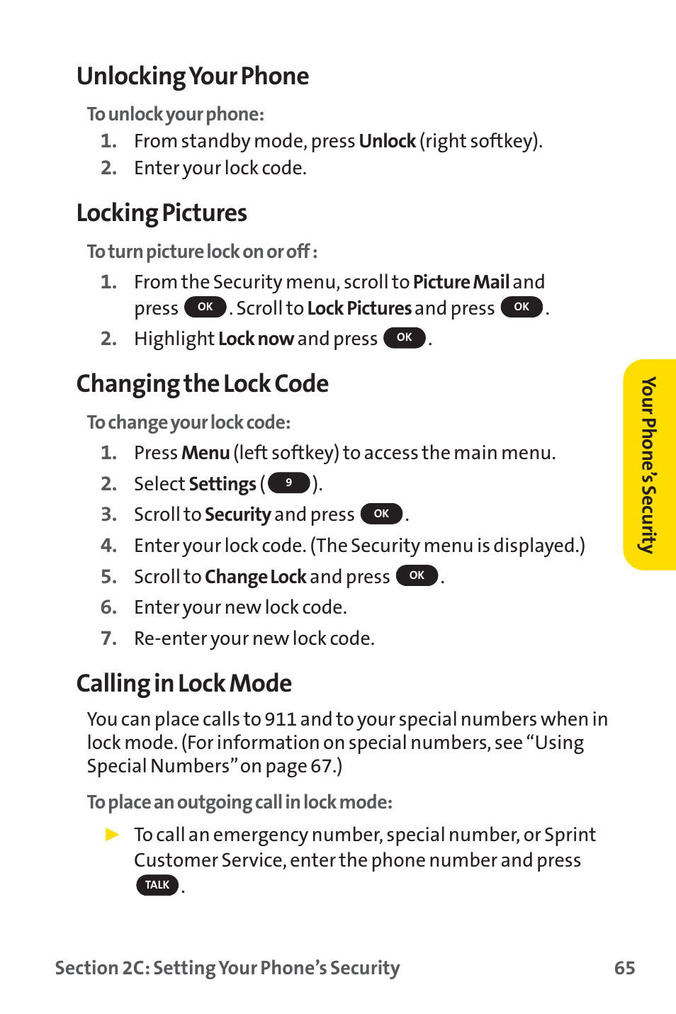 Unlocking your phone, Locking pictures, Changing the lock code | Calling in lock mode | Sprint Nextel PM-225 User Manual | Page 73 / 216