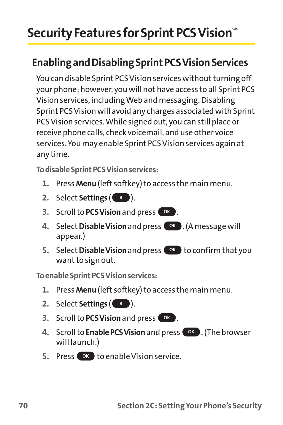 Security features for sprint pcs vision, Enabling and disabling sprint pcs vision services | Sprint Nextel PM-225 User Manual | Page 78 / 216