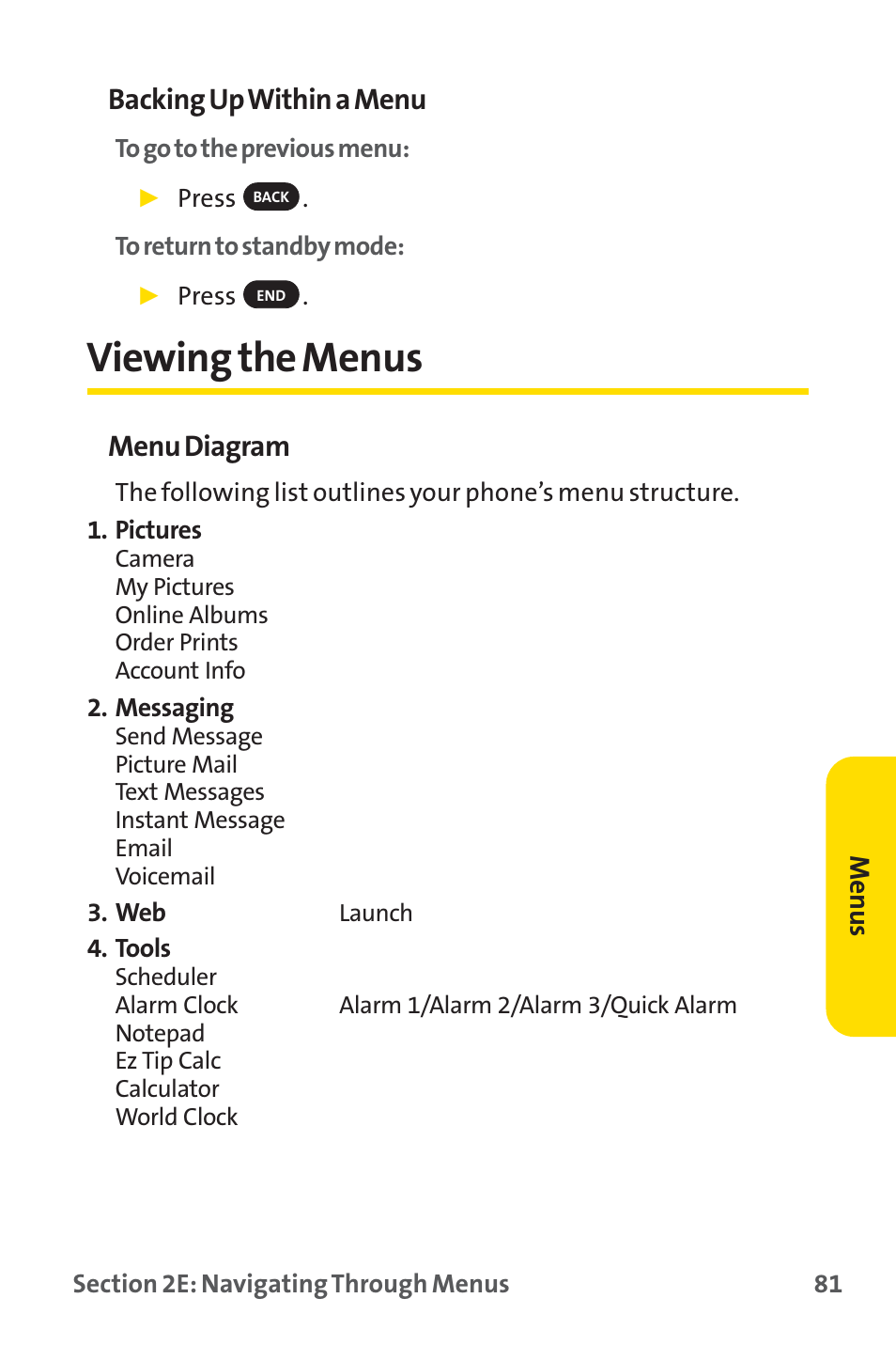 Viewing the menus, Backing up within a menu, Menu diagram | Sprint Nextel PM-225 User Manual | Page 89 / 216