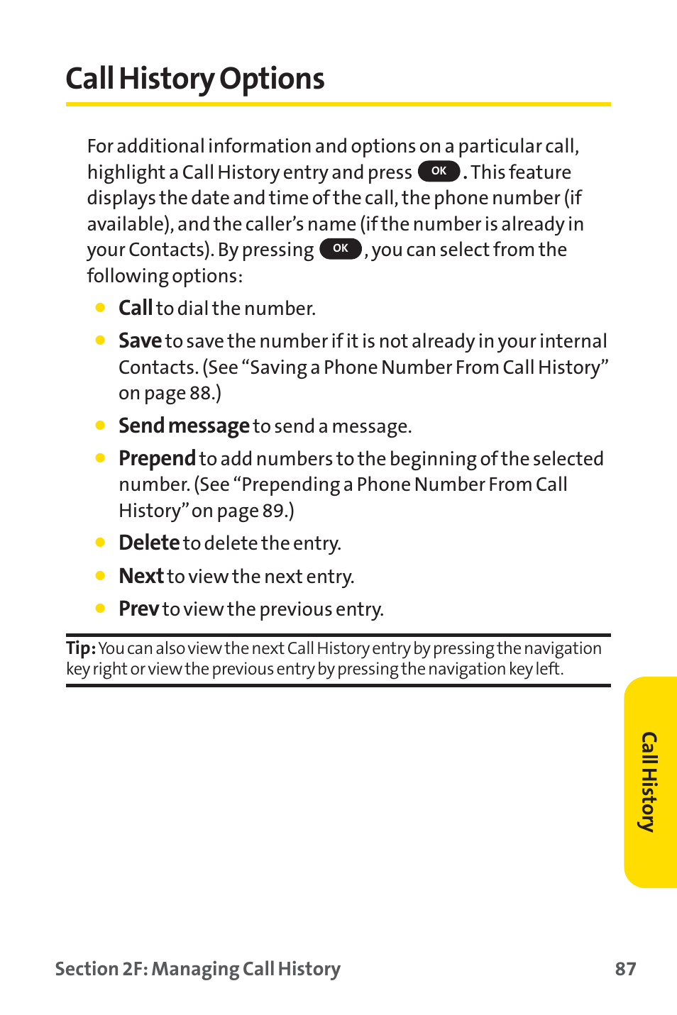 Call history options, Call, Save | Send message, Prepend, Delete, Next, Prev | Sprint Nextel PM-225 User Manual | Page 95 / 216