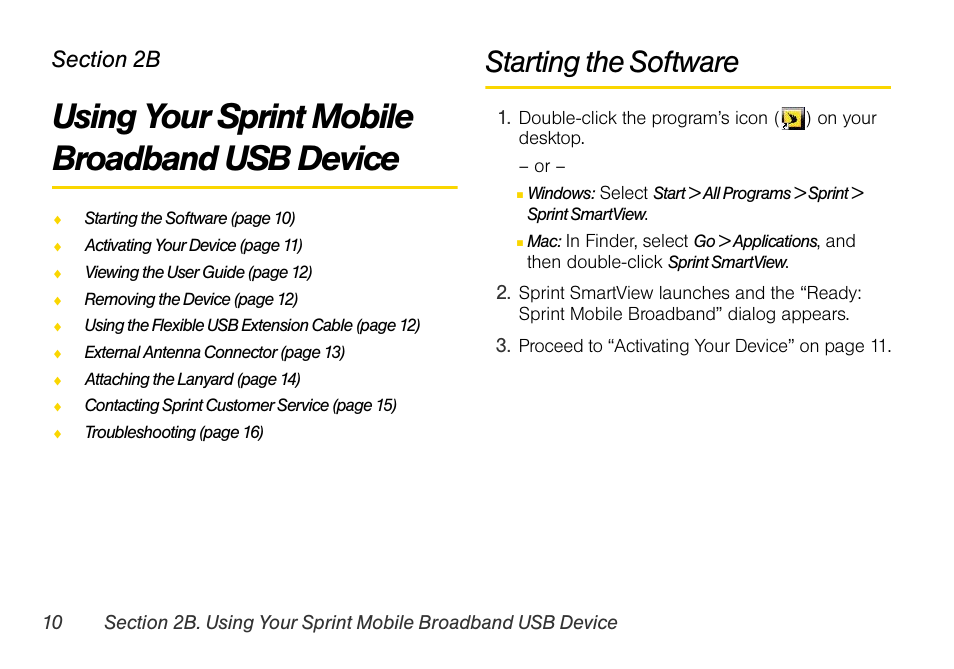 Using your sprint mobile broadband usb device, Starting the software, 2b. using your sprint mobile broadband | Usb device | Sprint Nextel OVATION U760 User Manual | Page 16 / 38