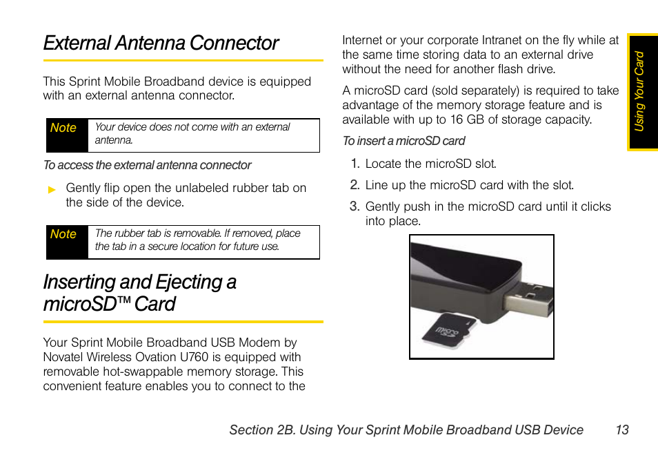 External antenna connector, Inserting and ejecting a microsd™ card, Inserting and ejecting a microsd card | Sprint Nextel OVATION U760 User Manual | Page 19 / 38