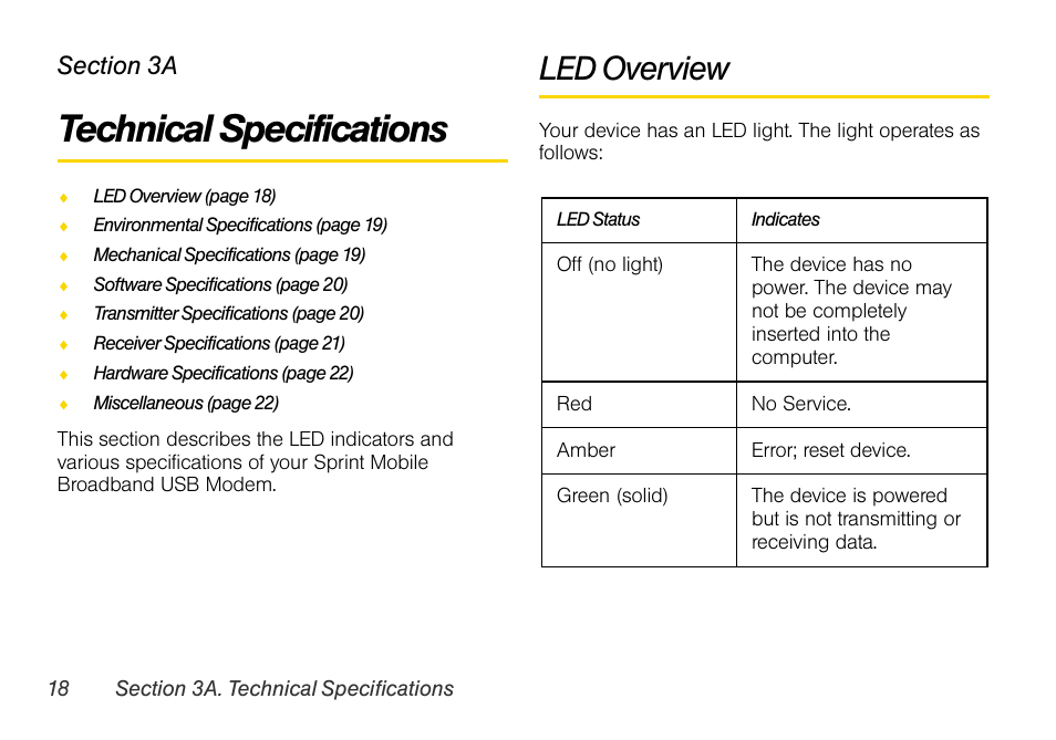 Technical specifications, Led overview, 3a. technical specifications | Sprint Nextel OVATION U760 User Manual | Page 24 / 38