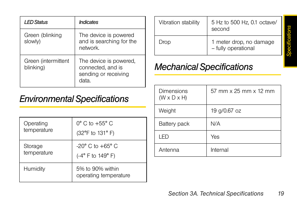 Environmental specifications, Mechanical specifications | Sprint Nextel OVATION U760 User Manual | Page 25 / 38