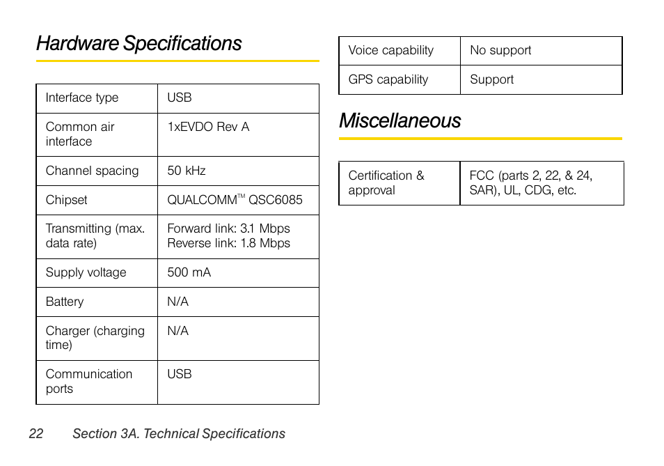 Hardware specifications, Miscellaneous, Hardware specifications miscellaneous | Sprint Nextel OVATION U760 User Manual | Page 28 / 38