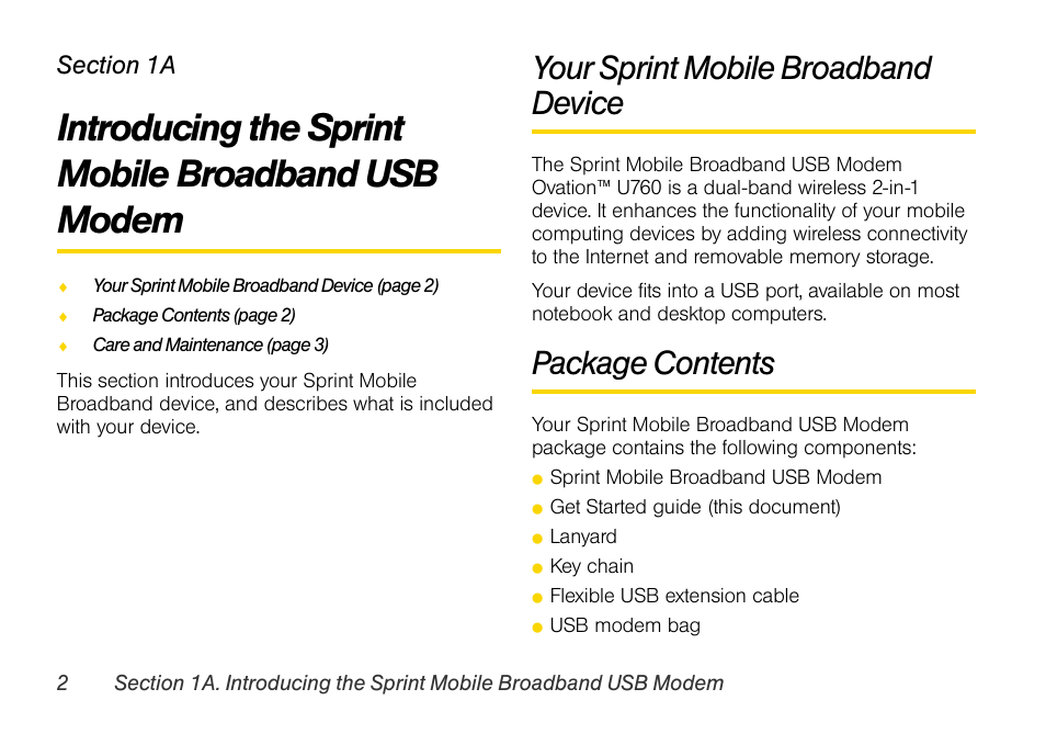 Introducing the sprint mobile broadband usb modem, Your sprint mobile broadband device, Package contents | 1a. introducing the sprint mobile, Broadband usb modem | Sprint Nextel OVATION U760 User Manual | Page 8 / 38