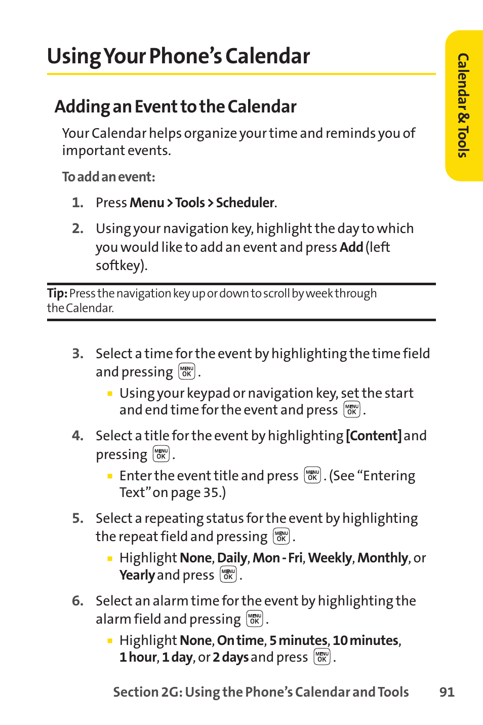 Using your phone’s calendar, Adding an event to the calendar | Sprint Nextel LX160 User Manual | Page 103 / 185