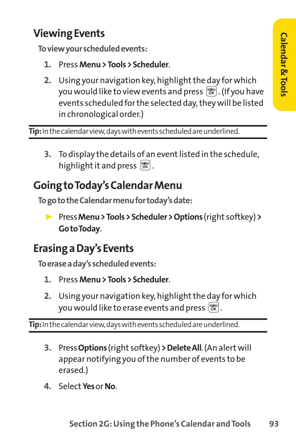 Viewing events, Going to today’s calendar menu, Erasing a day’s events | Sprint Nextel LX160 User Manual | Page 105 / 185