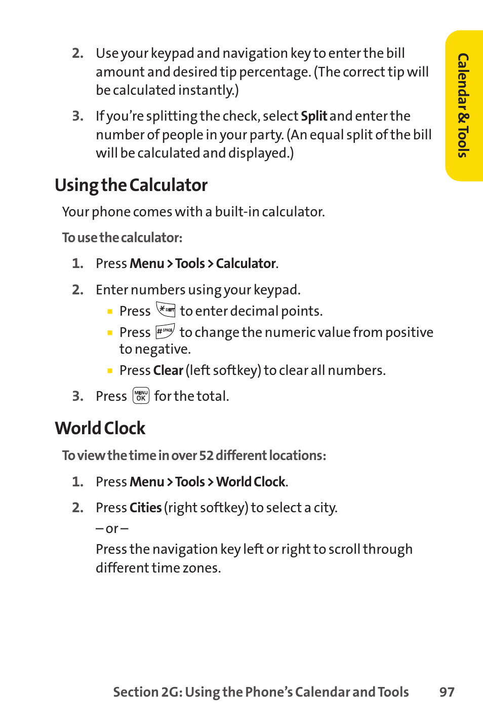 Using the calculator, World clock | Sprint Nextel LX160 User Manual | Page 109 / 185