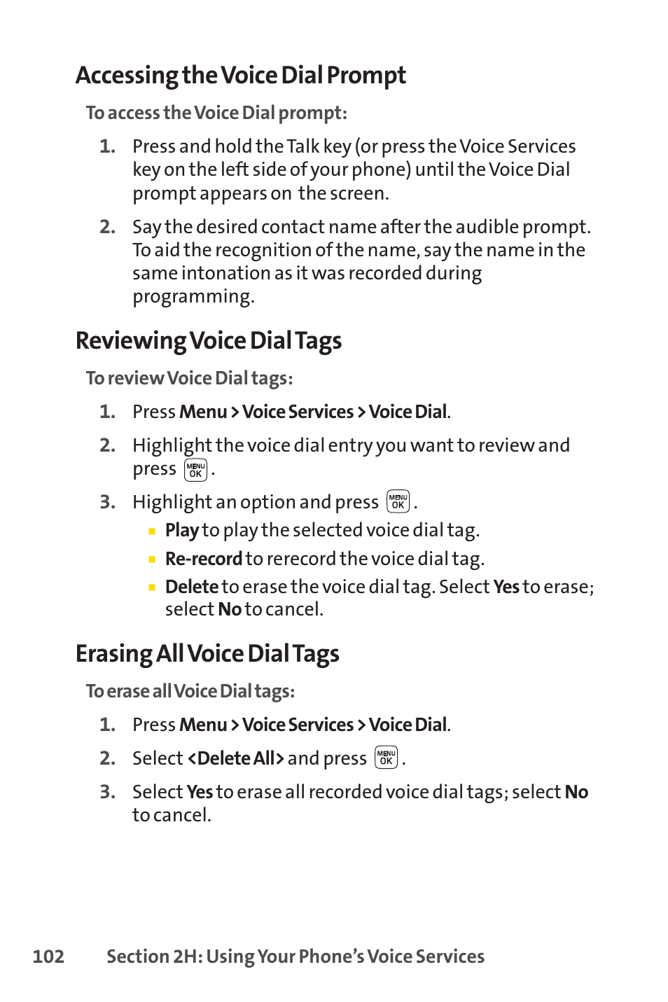 Accessing the voice dial prompt, Reviewing voice dial tags, Erasing all voice dial tags | Sprint Nextel LX160 User Manual | Page 114 / 185