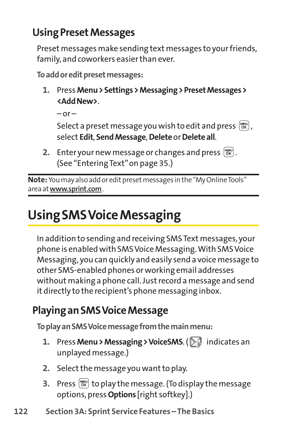 Using sms voice messaging, Using preset messages, Playing an sms voice message | Sprint Nextel LX160 User Manual | Page 134 / 185