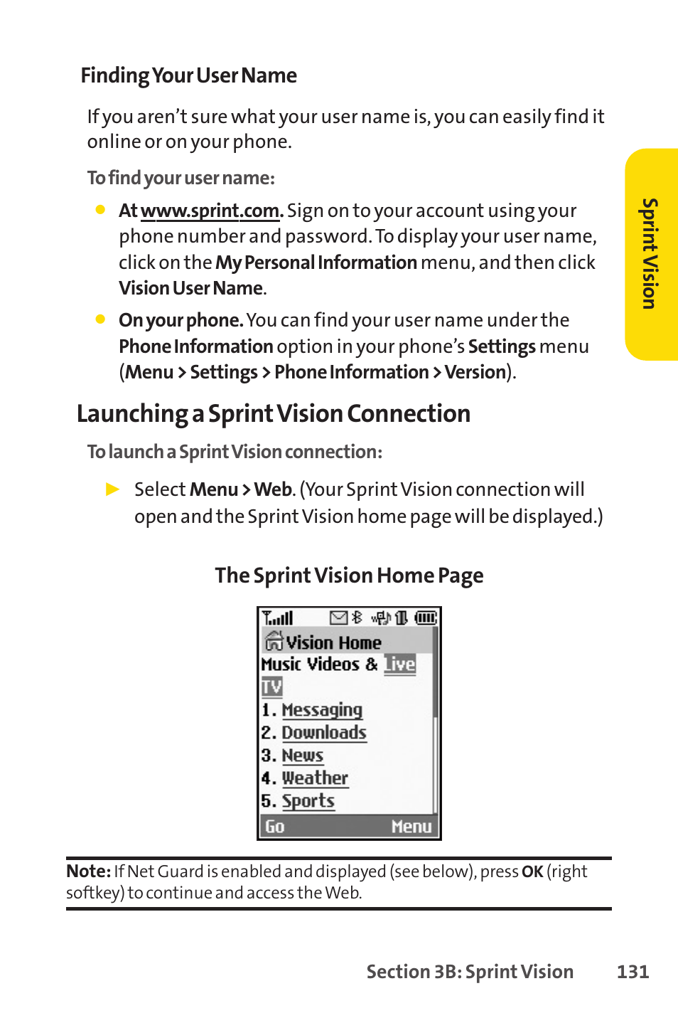 Launching a sprint vision connection, Finding your user name, The sprint vision home page | Sprint Nextel LX160 User Manual | Page 143 / 185