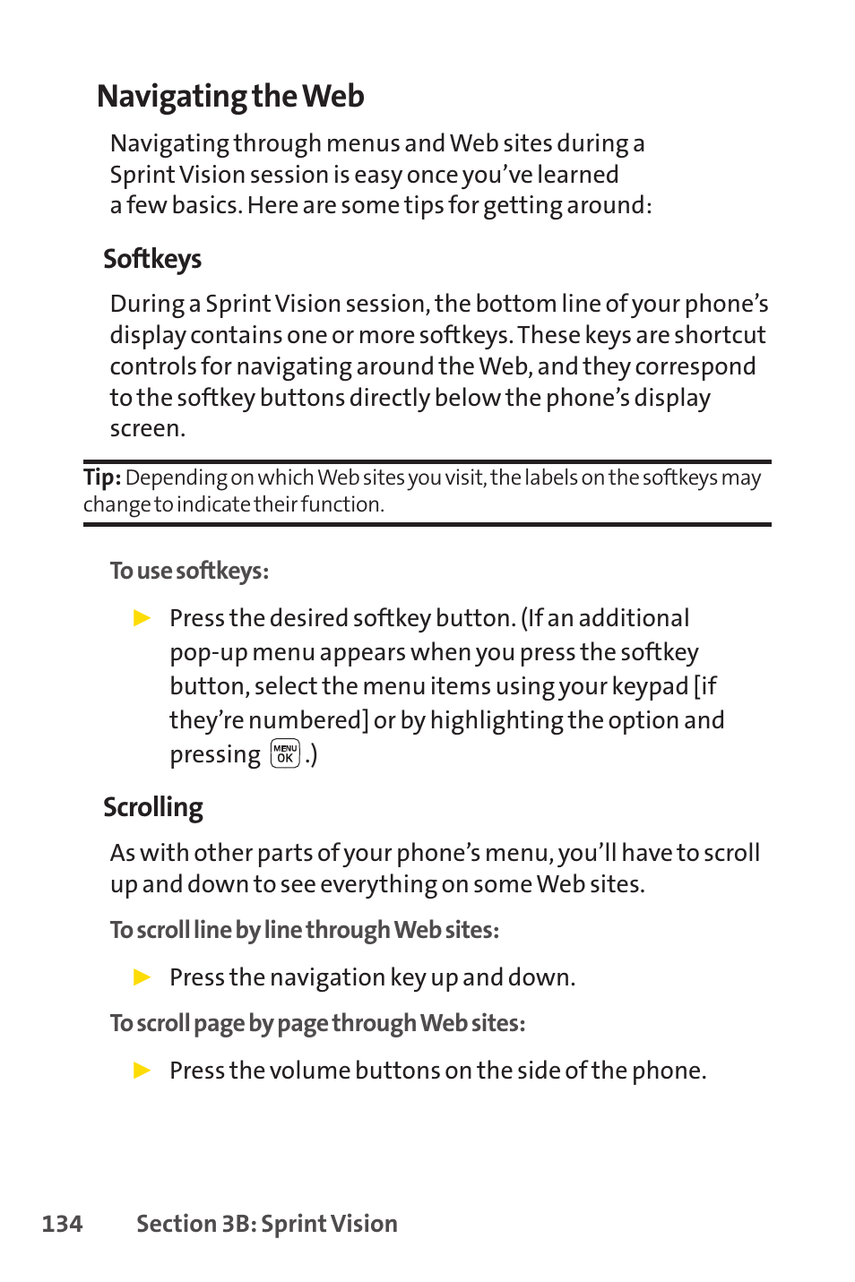 Navigating the web, Softkeys, Scrolling | Sprint Nextel LX160 User Manual | Page 146 / 185
