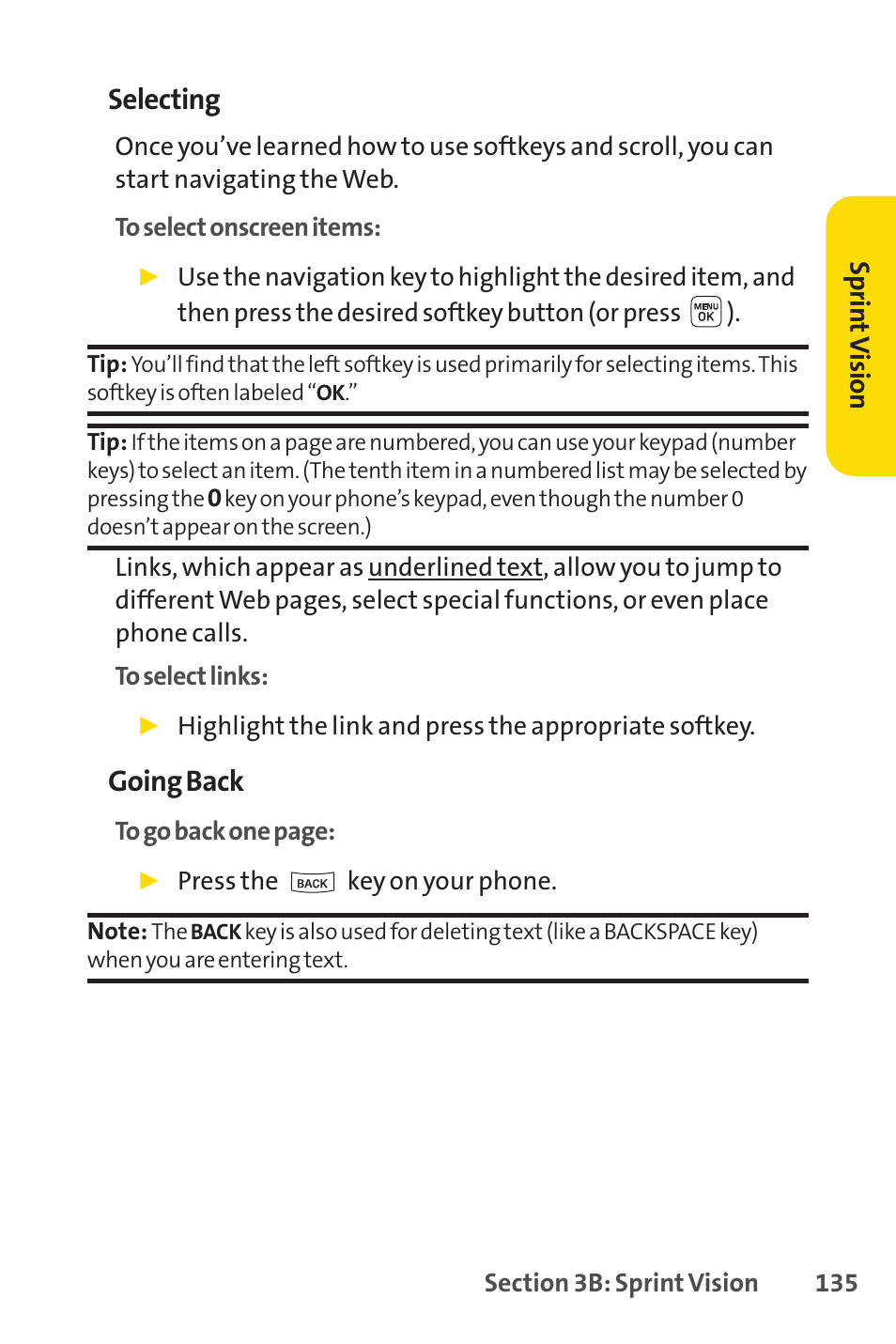 Selecting, Going back | Sprint Nextel LX160 User Manual | Page 147 / 185