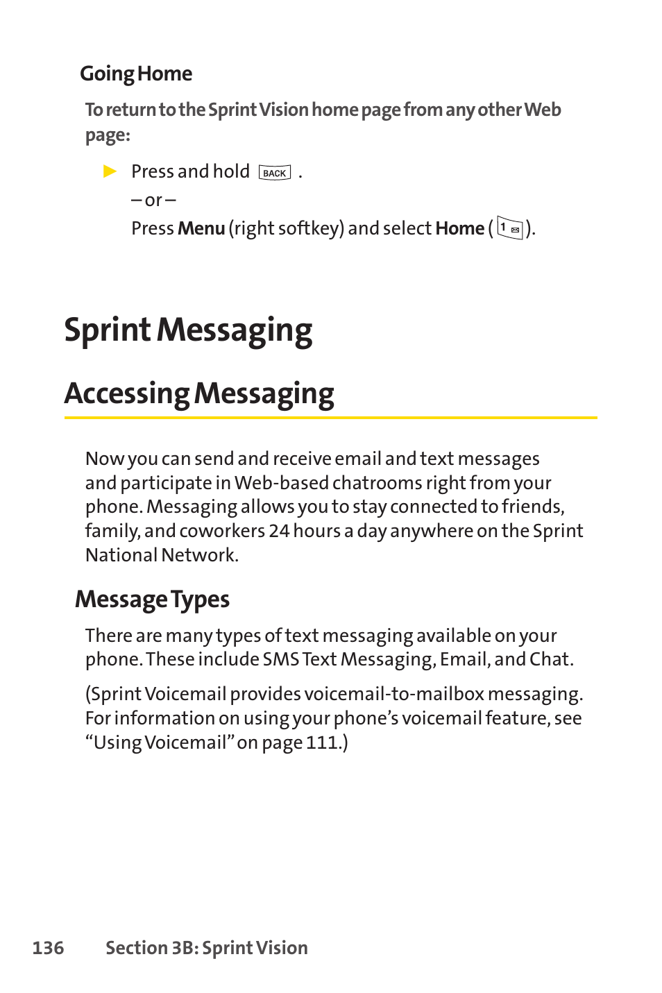 Sprint messaging, Accessing messaging, Message types | Sprint Nextel LX160 User Manual | Page 148 / 185